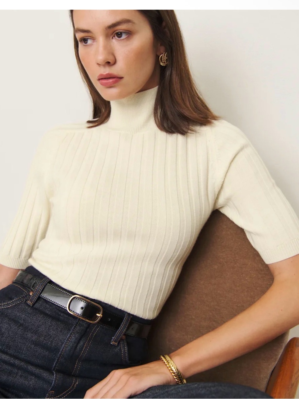 Reformation Cream Short-Sleeve Ribbed Mock Neck Sweater